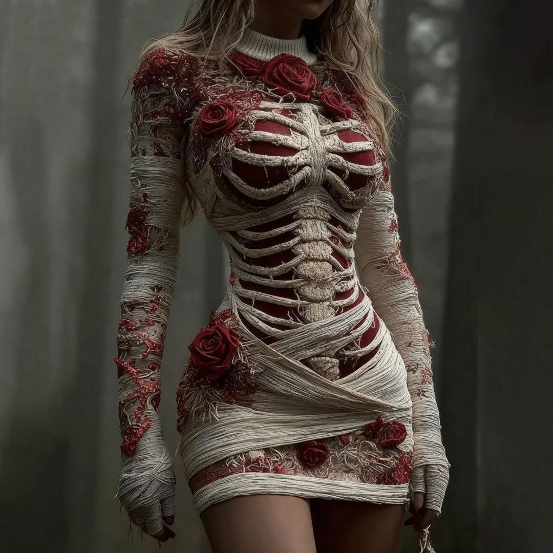 Comstylish Women's Vintage Red Rose Skeleton Art Knit Mini Sweater Dress