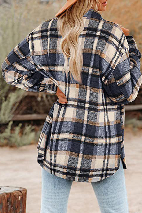 Plaid Pocket Buckle Turndown Collar Outerwear(8 Colors)