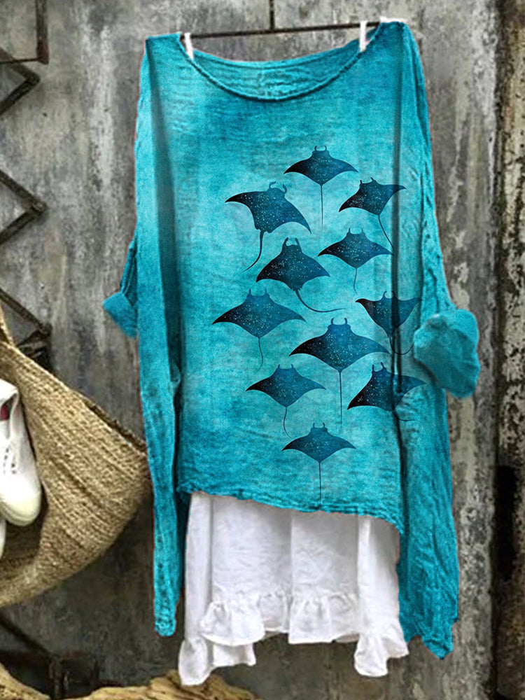 Manta Rays Art Print Linen Blend Casual Shirt elevenforest