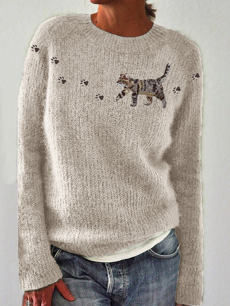 Cat & Paw Prints Yoke Embroidered Cozy Knit Sweater elevenforest