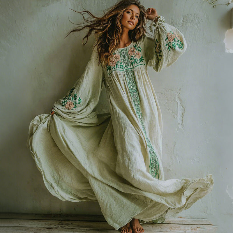 Women's Floral Printed Art V-neck Long Sleeve Maxi Dress elevenforest