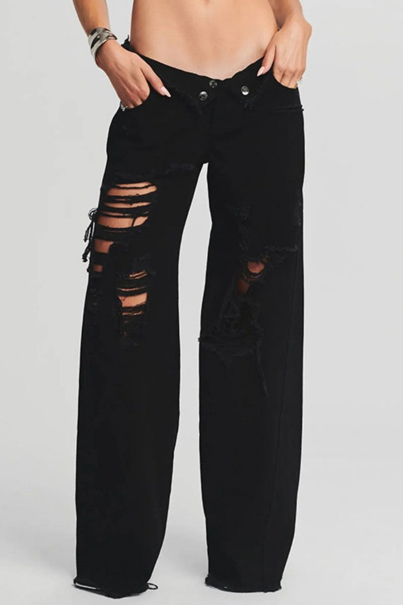 Ripped Patchwork Mid Waist Regular Denim Jeans (subject to the Actual Object)