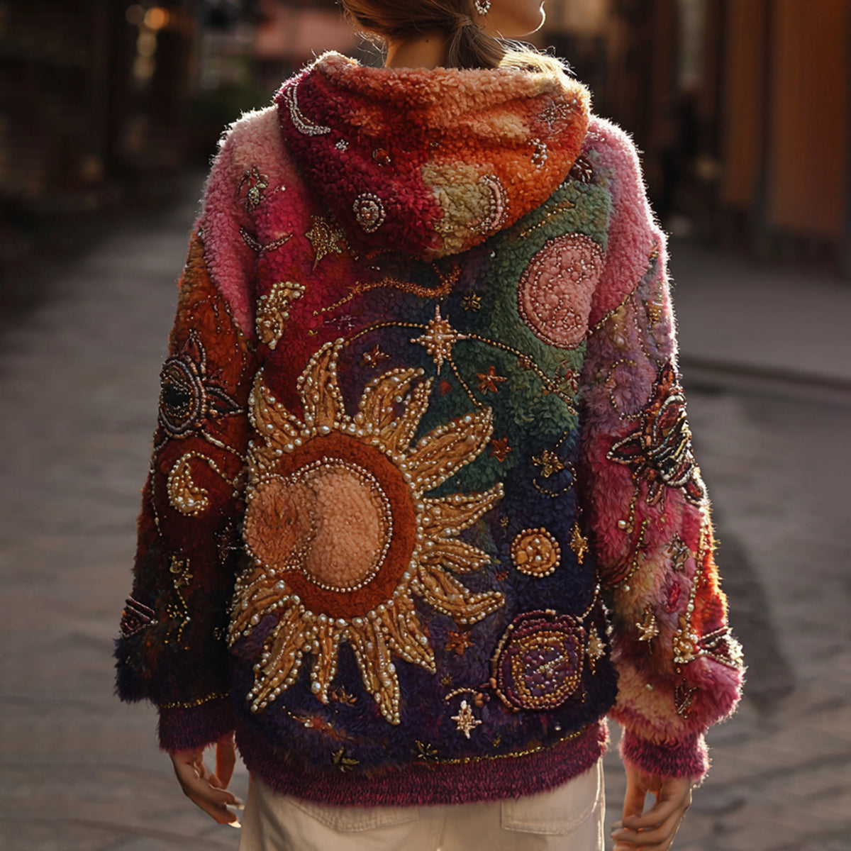 Halloween Themed Star And Moon Pearl Embroidery Gradient Hoodie elevenforest