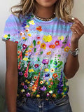 Casual Simple Floral Round Neck Print T-Shirt