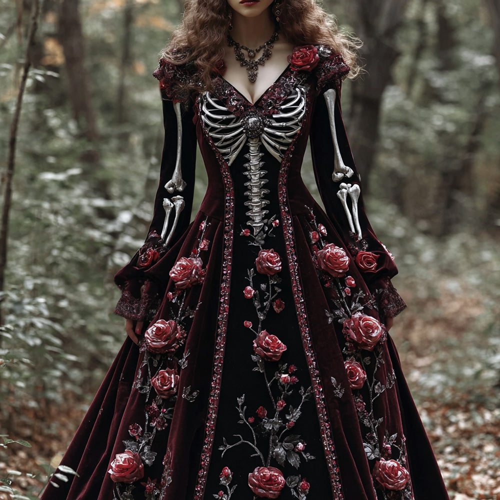 Classic Skeleton Bones With Roses Flowy Maxi Dress elevenforest
