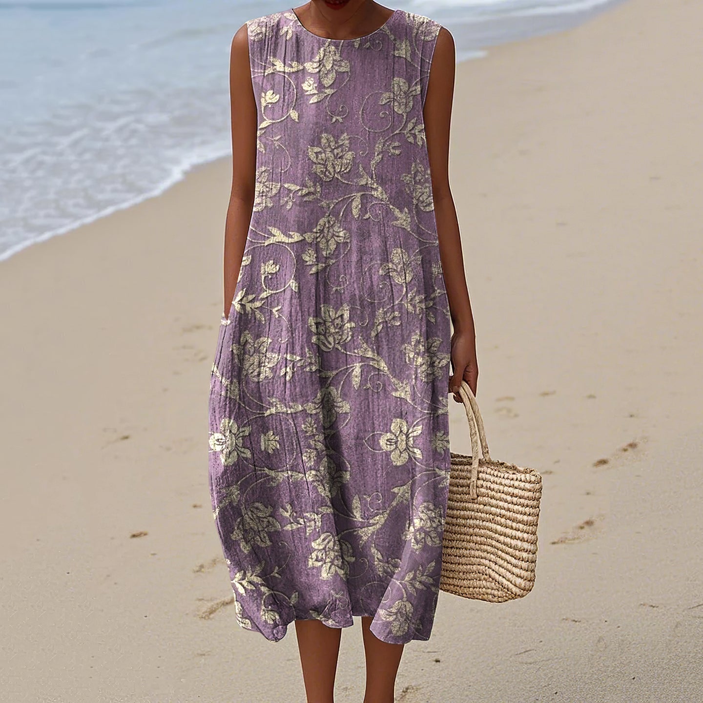 Women's Vintage Folk Art Floral Pattern Print Sleeveless Cotton Wrap Dress elevenforest