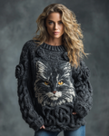 Comstylish Women's Cute Cat Rose Art Knitted Warm Sweater
