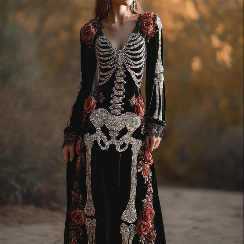 Vintage Roses Skeleton Glitter Beaded Cozy Velvet Maxi Dress elevenforest