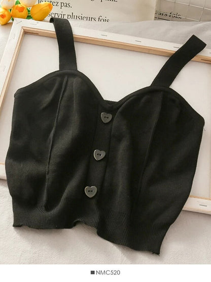 Crop Top Sweater Tank Top Button Up V Neck Sleeveless Knit Top Beach Vest Female Camisole Cotton Tank