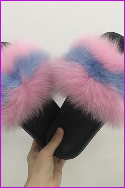 Sky Blue and Pink Fox Full-pelt Fur Sliders Df003