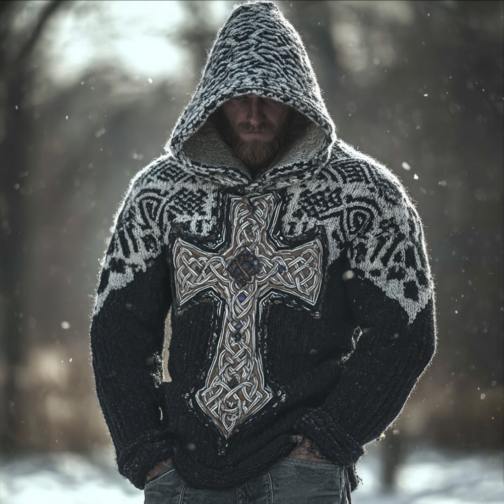 Men's Viking Style Celtic Cross Black And White Warm Sweater artswardrobe