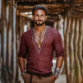 Men's Bohemian Embroidered Linen V-neck Shirt elevenforest