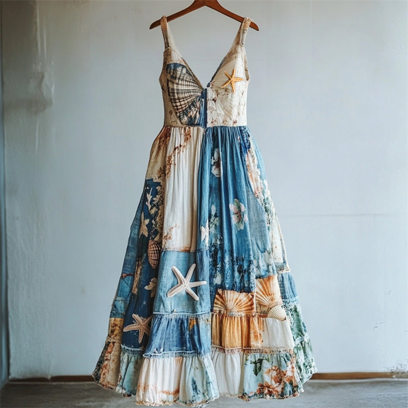 Boho Starfish & Sea Shells Embroidered Patchwork Maxi Dress elevenforest