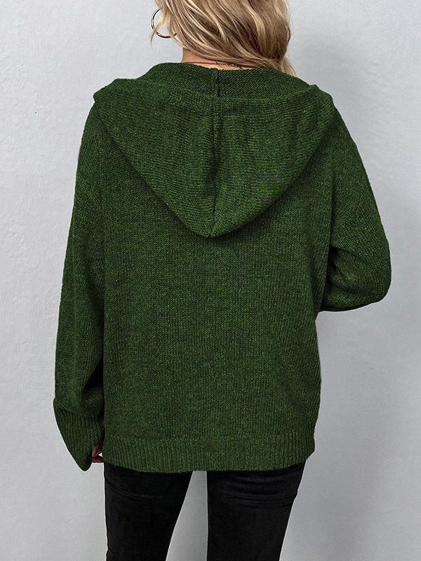Wrap Buttoned Hooded Color Cardigan
