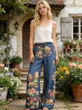 Vintage Boho Floral Pattern Women's Linen Trousers elevenforest