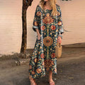 Women's Ethnic Floral Print Round Neck Comfortable Linen Dress elevenforest