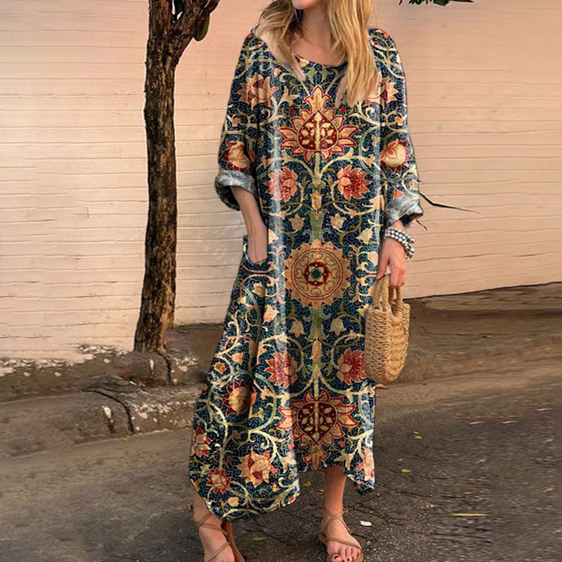 Women's Ethnic Floral Print Round Neck Comfortable Linen Dress elevenforest