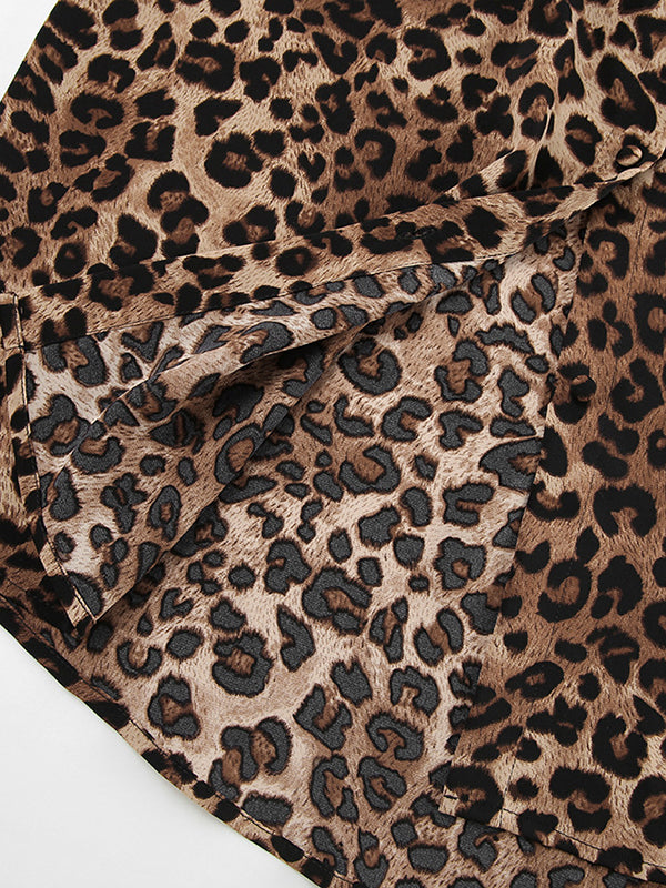 Loose Leopard Split-joint Lapel Long Sleeves Tied Waist Blouse + Elasticity Pants Trousers Two Pieces Set