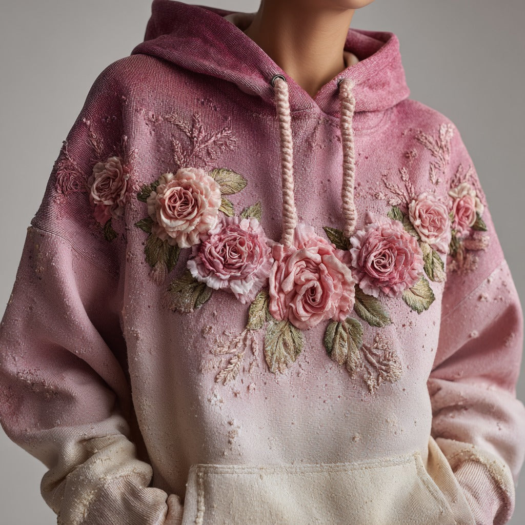 Women's Fashion Rose Embroidery Gradient Cotton Hooded Sweatshirt elevenforest