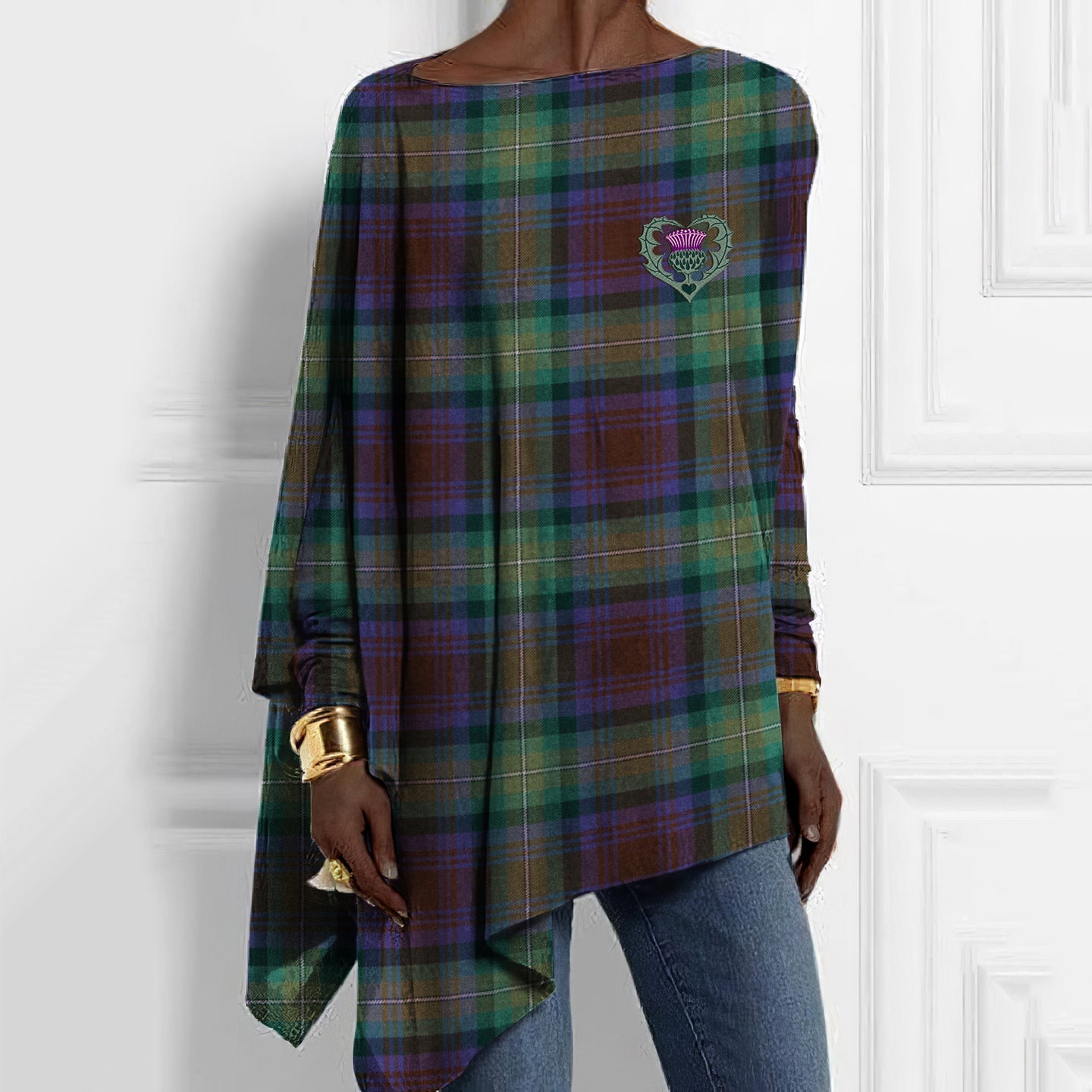 Comstylish Vintage Scotland Plaid Thistle Embroidery Loose T-Shirt