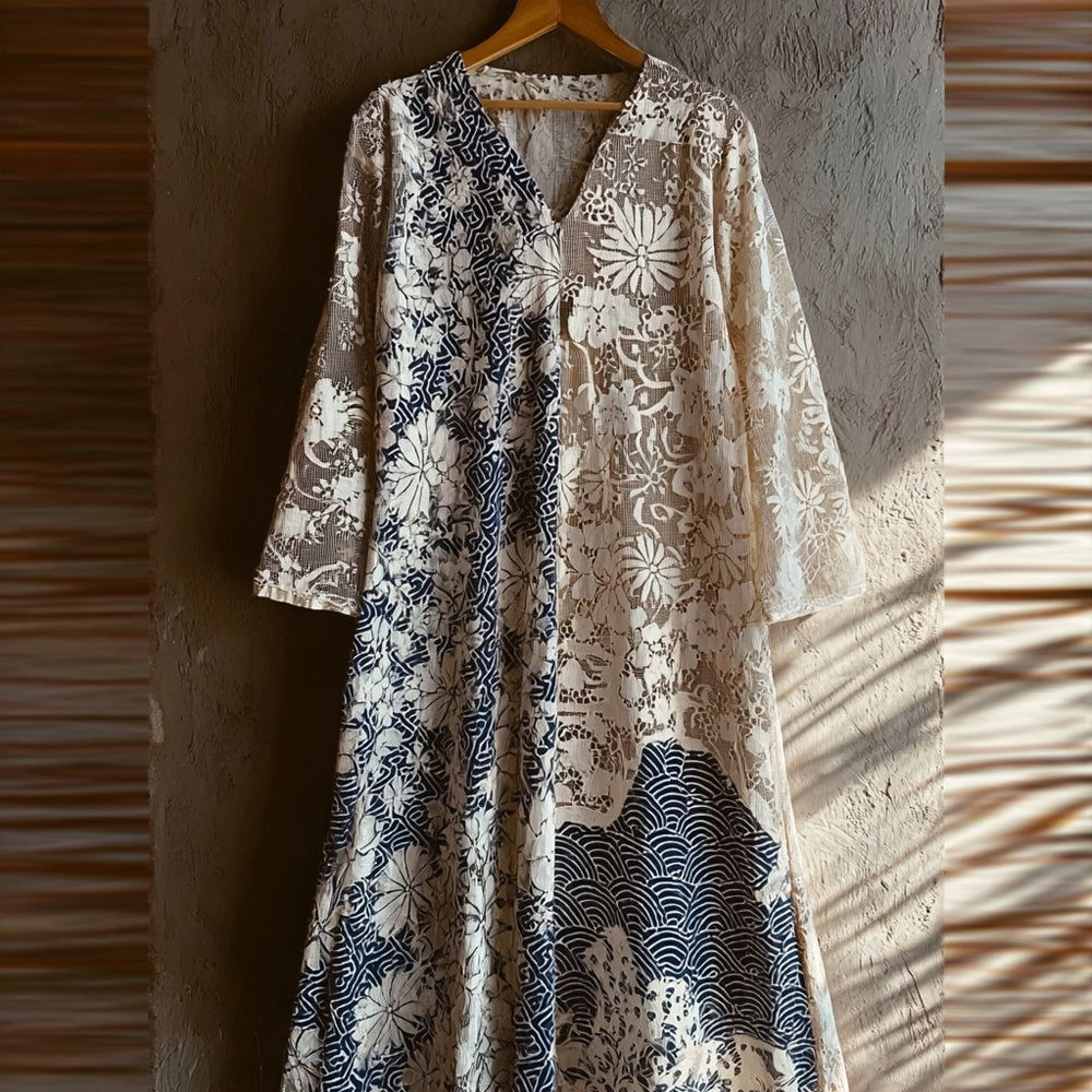 Japanese Waves Patchwork Hollow Lace Flowy Maxi Dress elevenforest