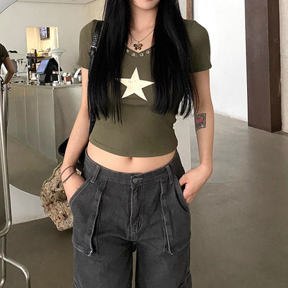 Summer Short Sleeve T-shirt Star Print Hooded Tops Trend Basic Crop Tops Tee Shirt Y2k Clothing
