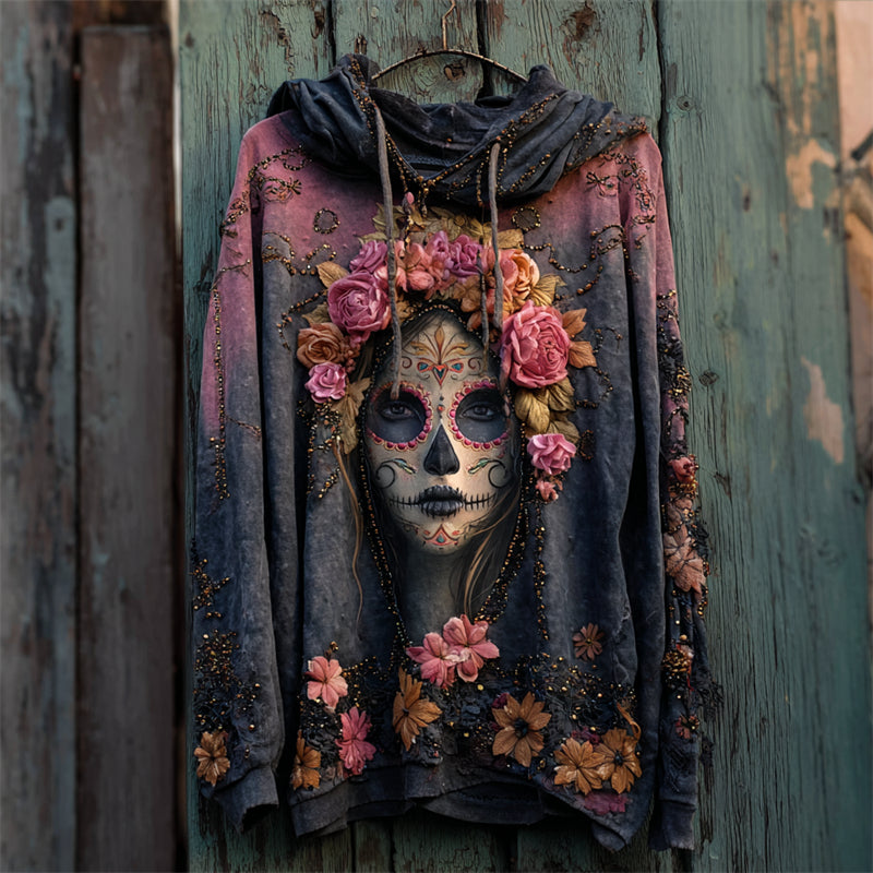 Day Of The Dead Sugar Skull Woman Floral Gradient Hoodie elevenforest