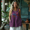 Vintage Tribal Floral Art Sleeveless Linen Blend Tank Top elevenforest