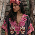 Day Of The Dead Glitter Pink Roses Sugar Skulls Embroidered Linen Shirt elevenforest
