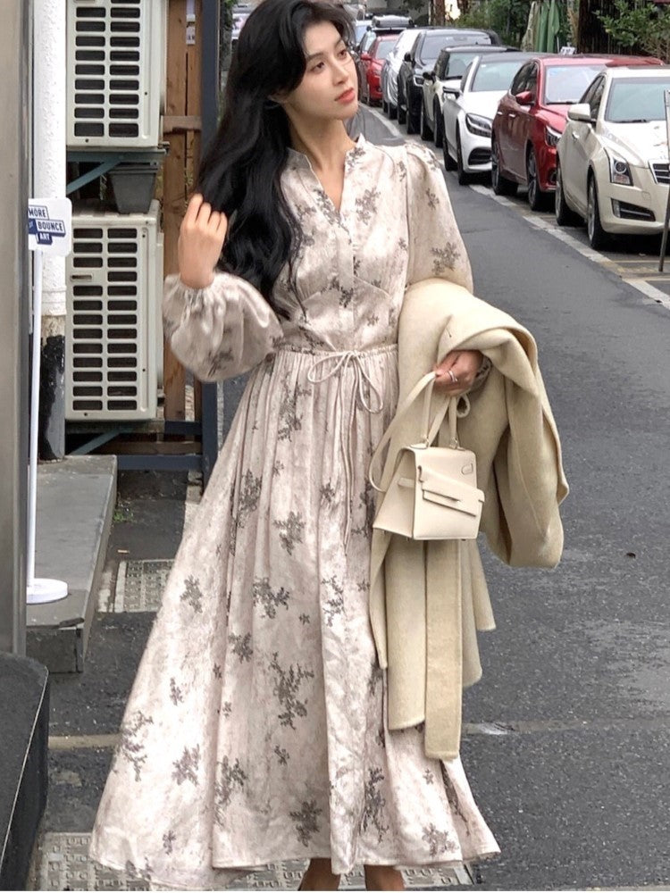 Midi Dress Printed Lantern Sleeve V-neck French Autumn Lace Up Female Evening Party Vestidos Mujer