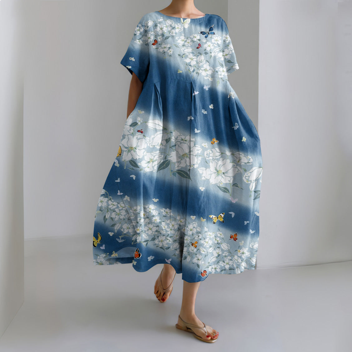 Comstylish Women's Japanese Flower And Butterfly Art Print Midi Dress