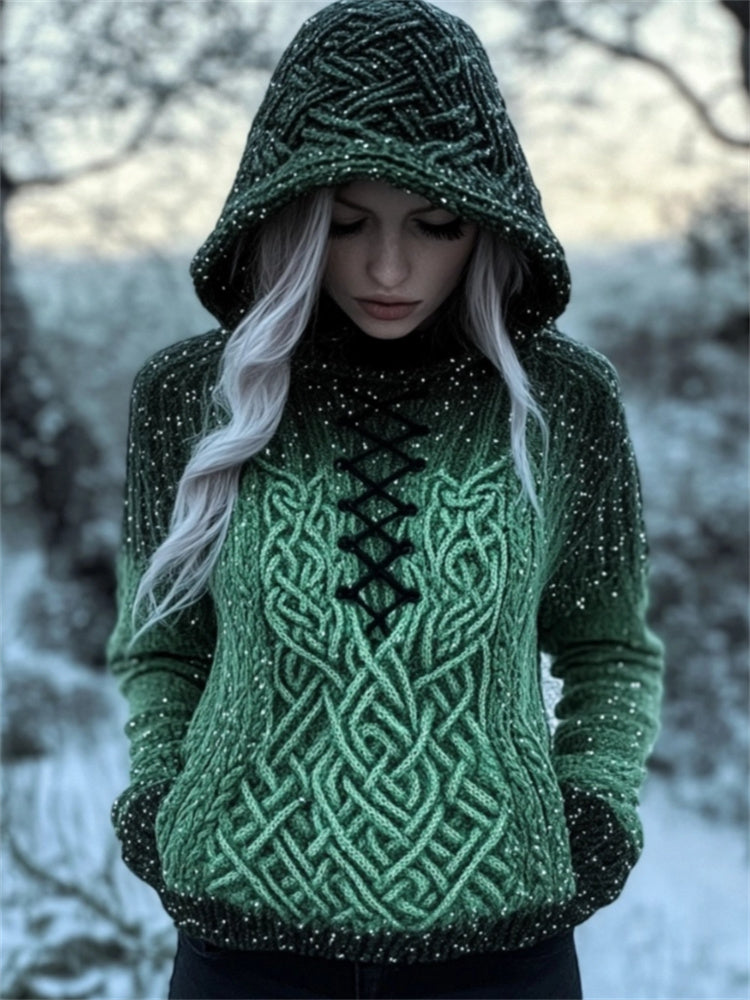 Snow Glitter Gradient Vintage Celtic Hooded Sweater elevenforest