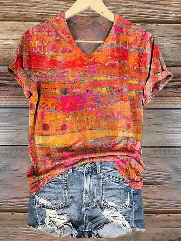 Comstylish Women's Hippie Print V-neck T-shirt