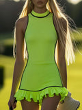 Fashion Sports Stretch Lycra Black Trim Fluorescent Green Ruffle Mini Dress