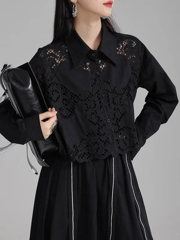 Long Sleeves Loose Buttoned Hollow Color Lapel Blouses&shirts Tops