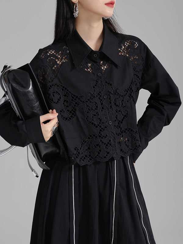 Long Sleeves Loose Buttoned Hollow Color Lapel Blouses&shirts Tops