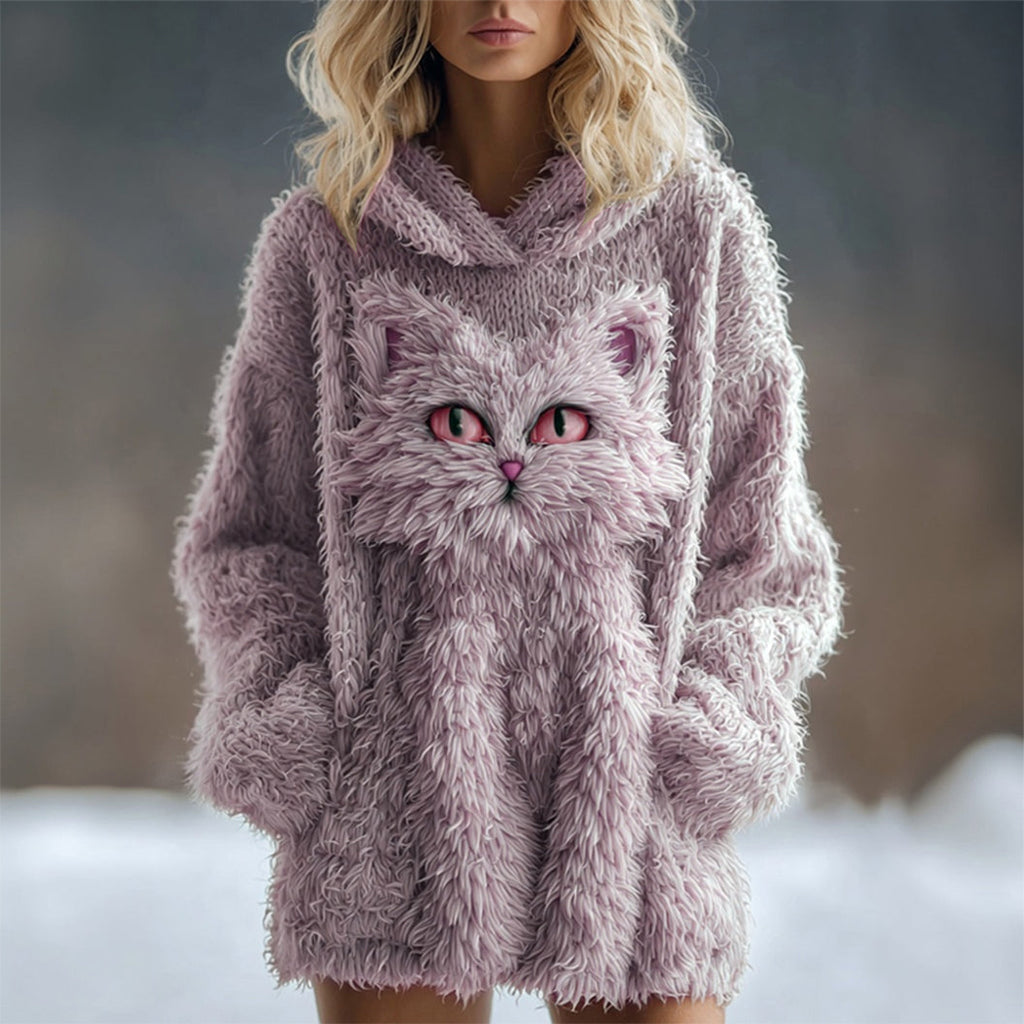 Comstylish Cute Fuzzy Cat Embroidered Soft Hooded Sweater