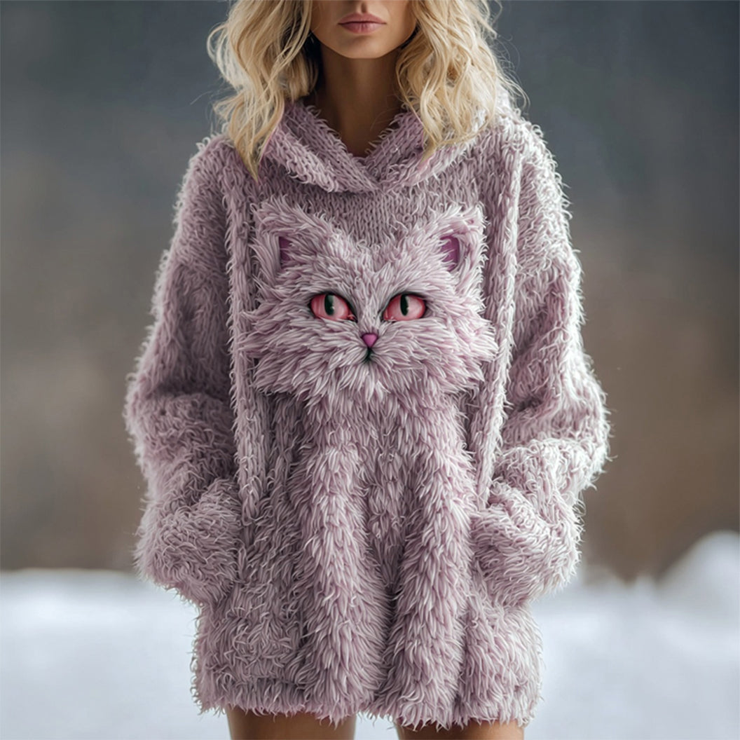 Comstylish Cute Fuzzy Cat Embroidered Soft Hooded Sweater