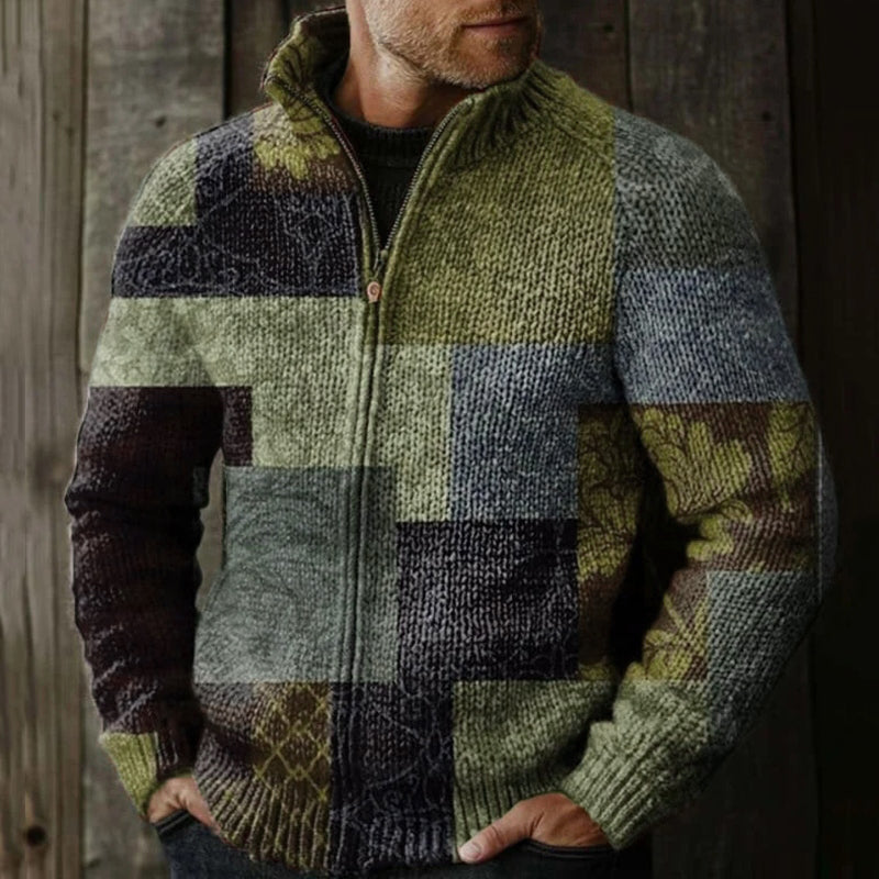 Men's Vintage Western Patchwork Design Graphic Zip Sweater elevenforest