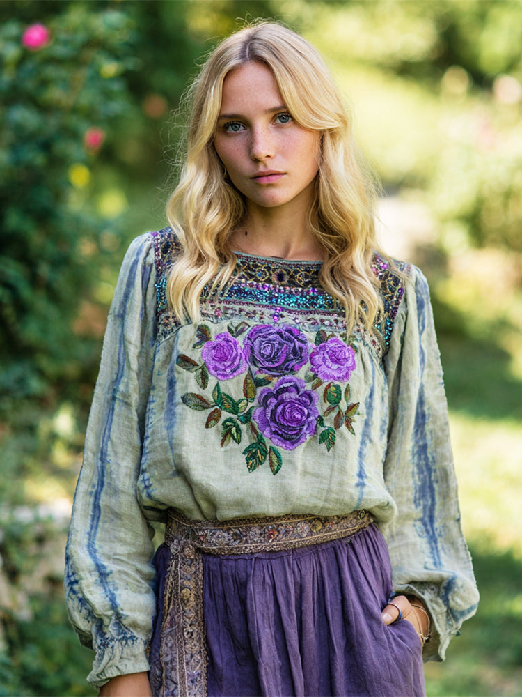 Vintage Rose Boho Style Women's Linen Long Sleeve Shirt elevenforest