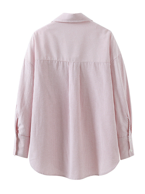 Urban Loose Striped Lapel Collar Blouses&shirts Tops