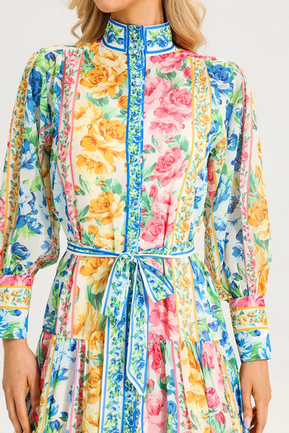 Stand Collar Maxi Dress With Belt