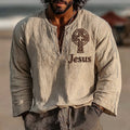 Men's Vintage Faith Cross Jesus Art Loose And Comfortable Cotton And Linen Long-sleeved Shirt elevenforest