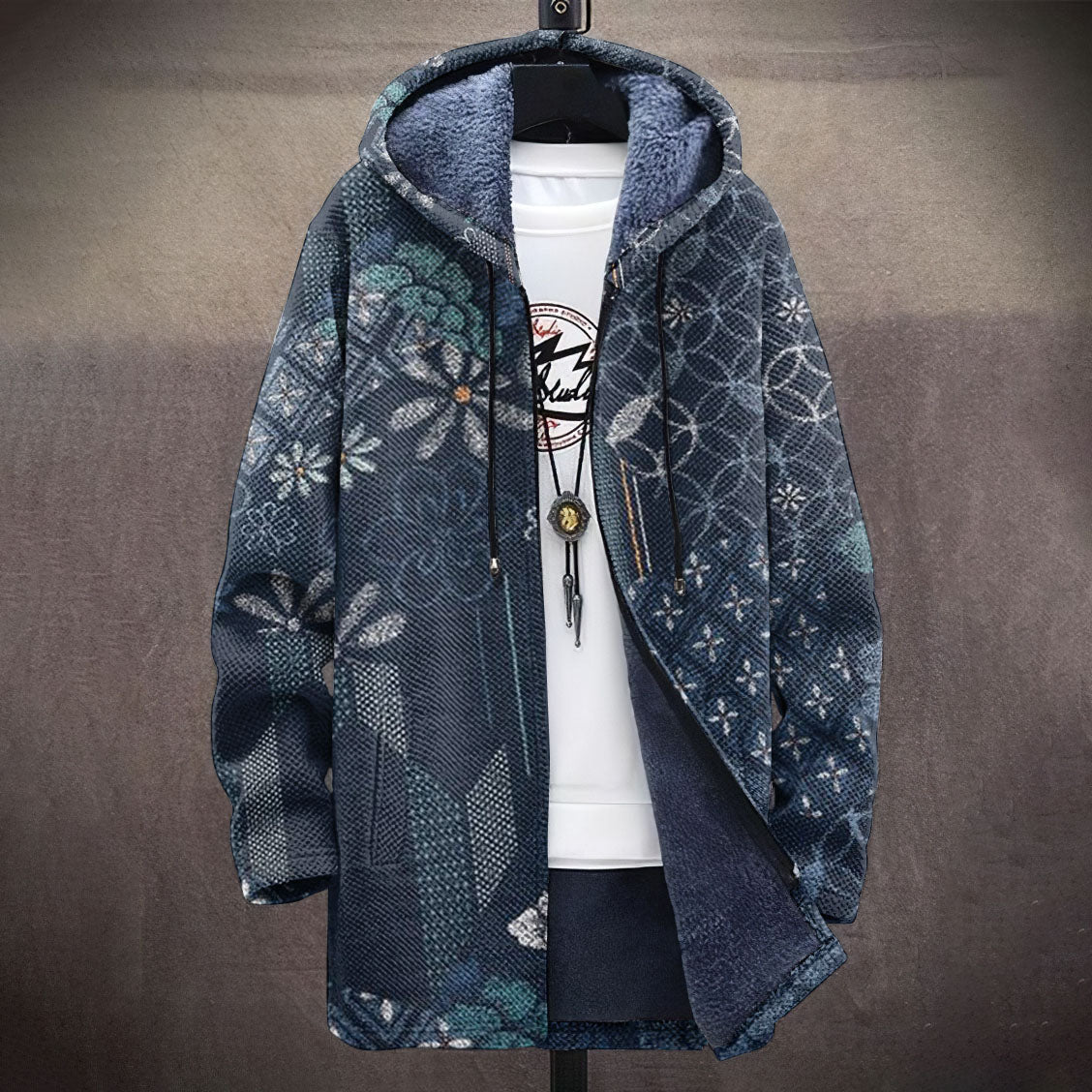 Vintage Japanese Traditional Sashiko Floral Art Pattern Art Cozy Hooded Cardigan elevenforest