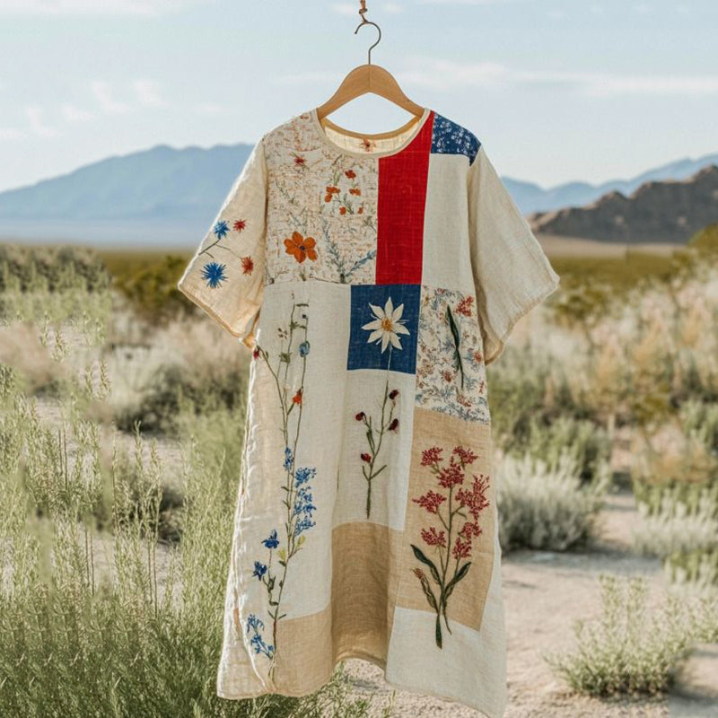 Women's Floral Patchwork Print Cotton And Linen Dress elevenforest