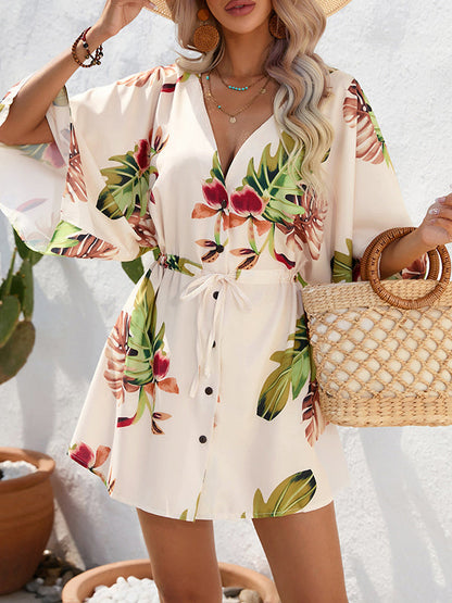 A-line Half Sleeves Buttoned Drawstring Leaves Print V-neck Mini Dresses