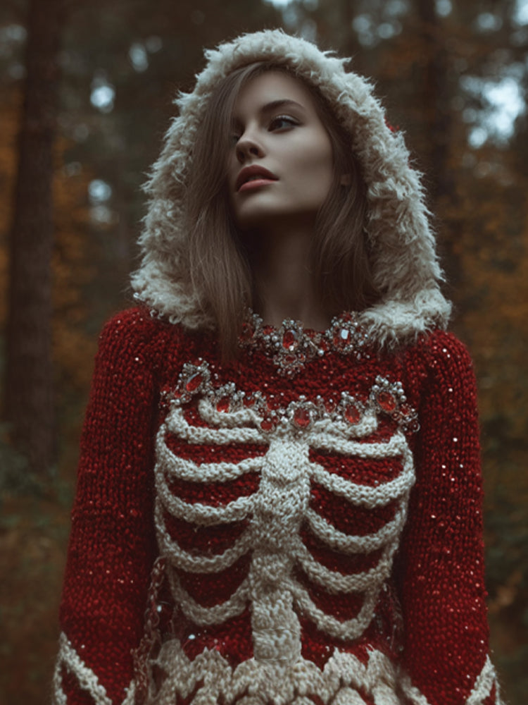 Comstylish Women's Halloween Skeleton Rose Red Warm Hooded Sweater