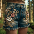 Women's Bohemian Style Three-dimensional Pink Flower Design Denim Shorts elevenforest