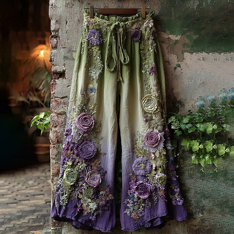 Classy Purple Lavender And Floral Embroidered Art Linen Pants elevenforest