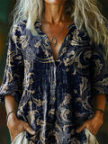 Women's Vintage Ethnic Floral Art Print Casual Cotton Linen Shirt
